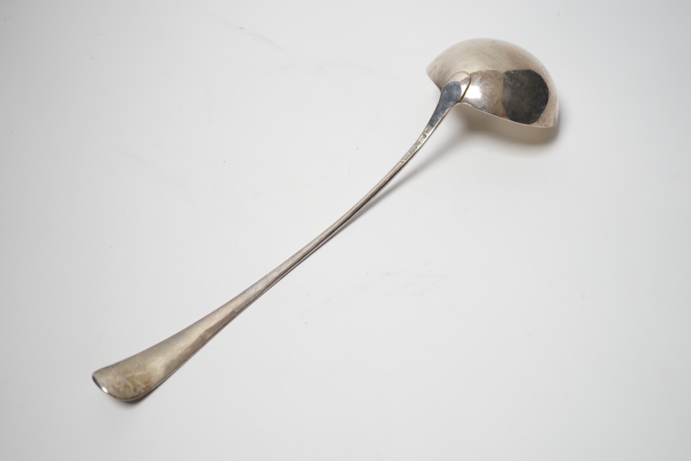 An 18th century silver base mark Old English pattern soup ladle, maker GS, London, circa 1770, 34cm.